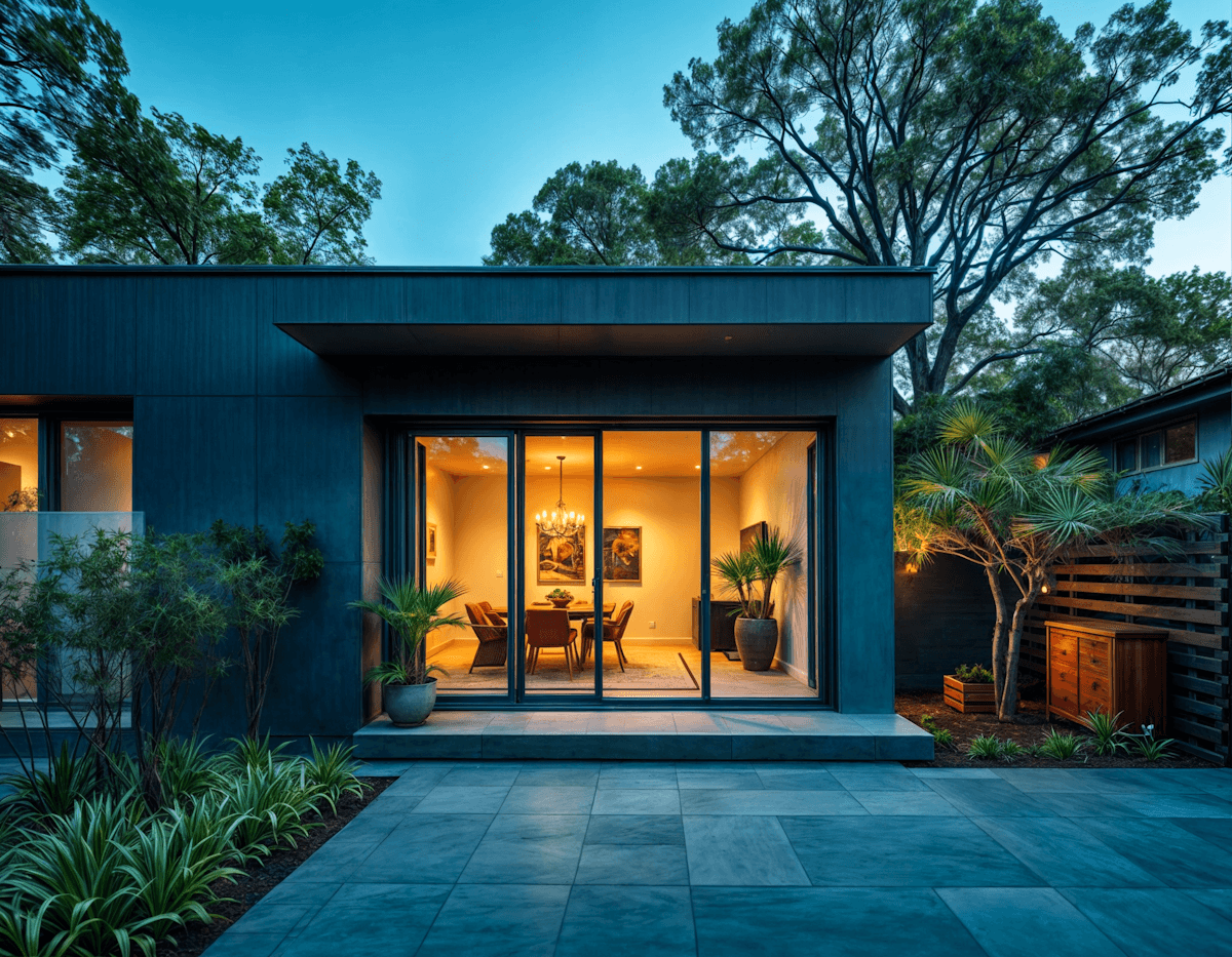 Modern home exterior lit at dusk with a tiled patio and large sliding glass doors