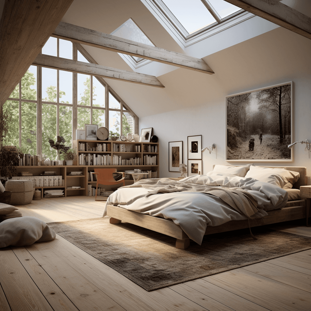 Finished attic bedroom with skylights, wide-plank flooring and vaulted ceilings